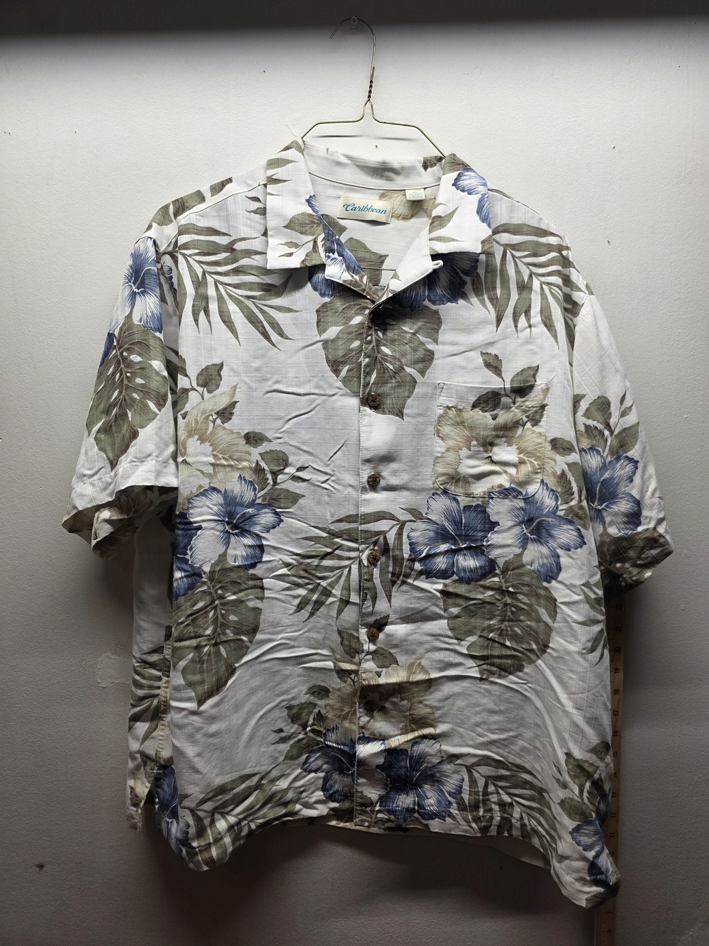 Caribbean White Camp Shirt with Blue Floral and Olive Leaves